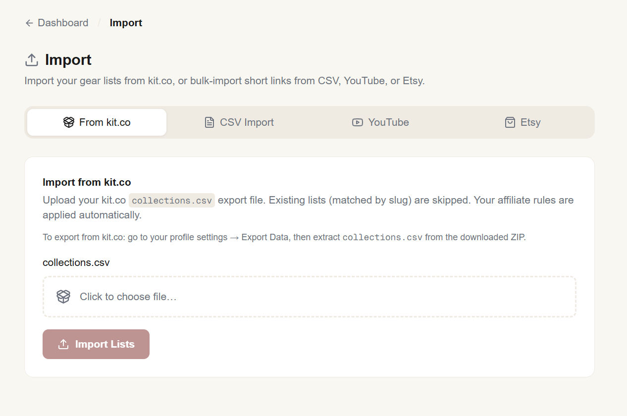 MakerManifest import gear list from Kit.co screenshot