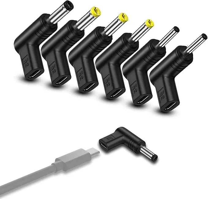 Kado USB Type-C to DC 6 Adapter Set, 90 Degree PD 12V Female USB-C to Male DC Barrel Connector 3.0x1.1mm 3.5x1.35mm 4.0x1.7mm 4.8x1.7mm 5.5x2.1mm 5.5x2.5mm, Charging Plug for Monitor, Router, Speaker
