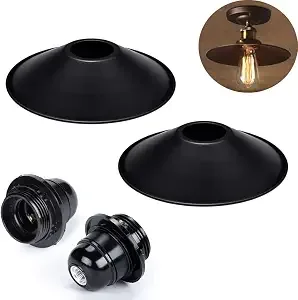 WOERFU 2-Pack 8.7" Industrial Vintage Metal Lamp shade with Lamp Socket Bulb Guard Black Replacement Lampshade for Pendant Light Wall Sconc
